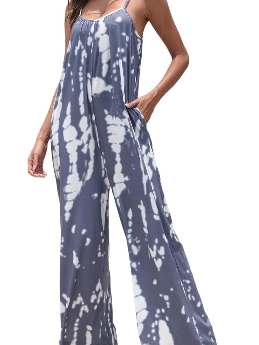 NWT, FKEEP, Women’s, Tie-Dye Wide-Leg Jumpsuit in Slate Blue and White